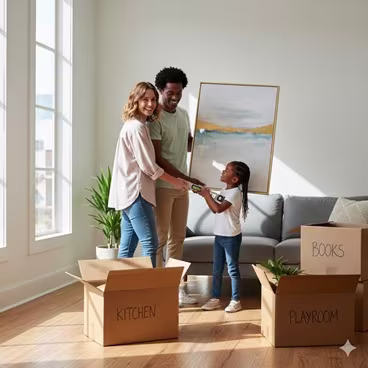 Domestic Moving Service A happy family hangs a picture in their new home, with moving boxes nearby, representing domestic moving.