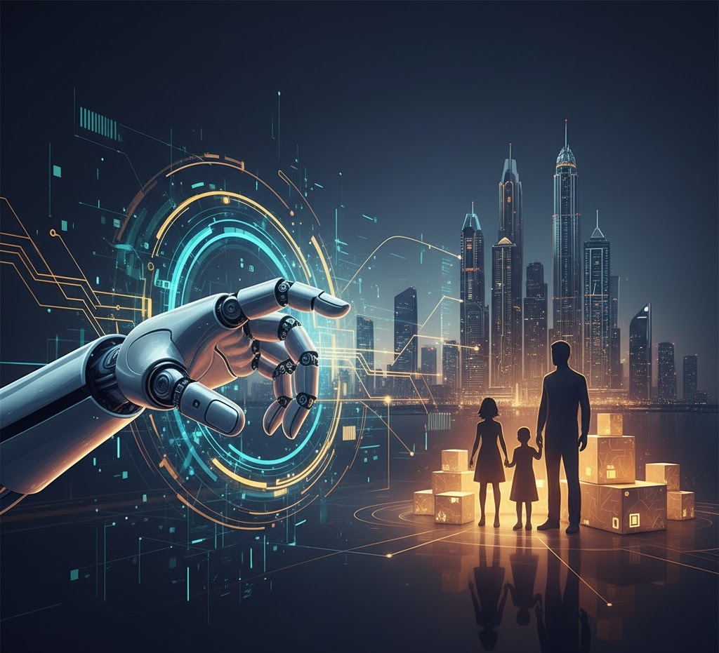 A futuristic graphic overlay showing data points and logistics routes on top of a photo of a moving truck in Dubai.