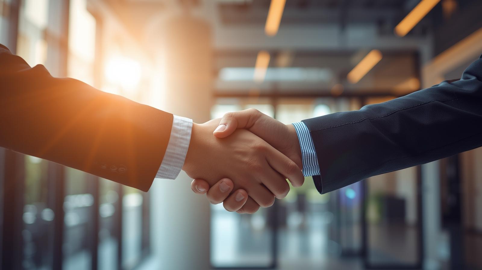 Two business people shaking hands, symbolizing a partnership.