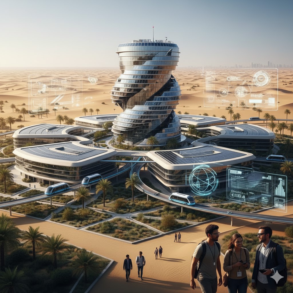 A modern, futuristic building in a desert landscape, representing the tech hub of Dubai Silicon Oasis.