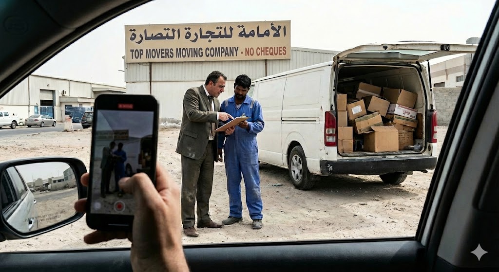A shadowy figure handing keys to a moving truck, symbolizing a deceptive 'ghost broker' in the UAE moving industry.