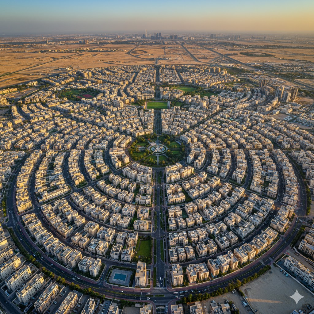 An aerial view of the circular layout of Jumeirah Village Circle (JVC) in Dubai.