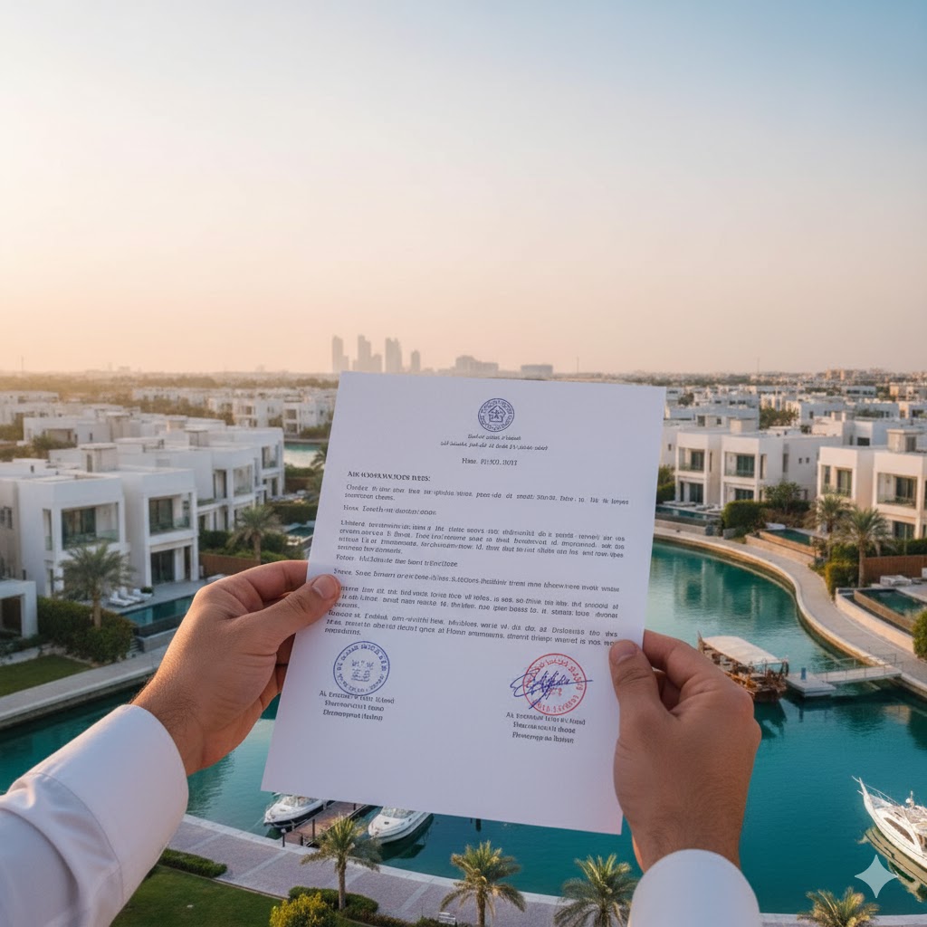 A person holding a document with official stamps, with a backdrop of a Dubai residential community.