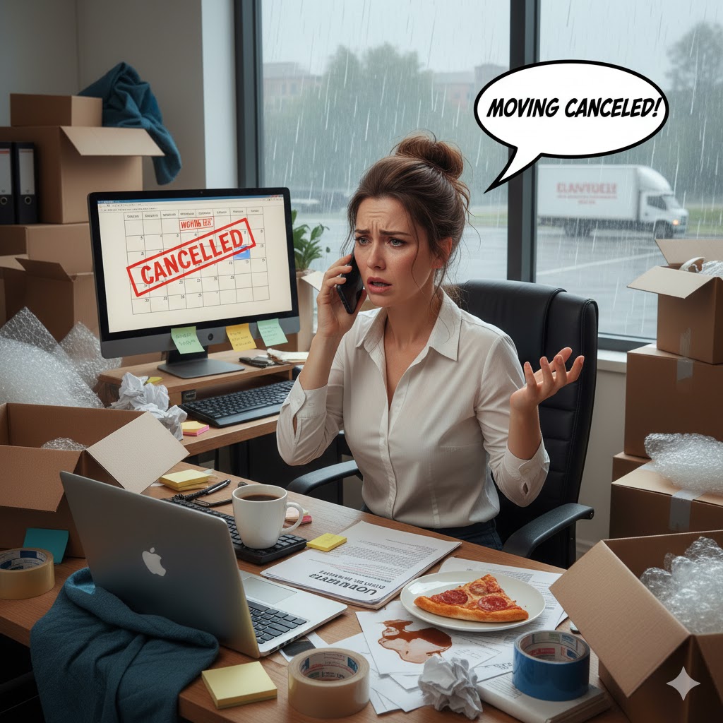 A stressed woman on the phone in an office, symbolizing the panic of a last-minute moving cancellation.