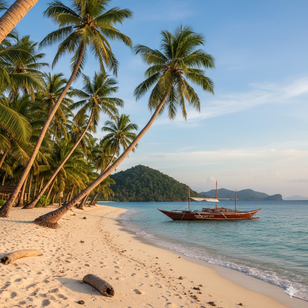 A beautiful tropical beach with palm trees and a traditional boat in the Philippines.