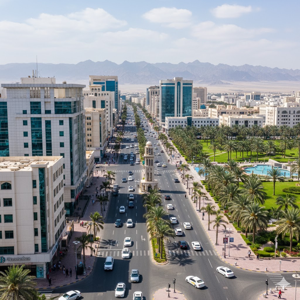 A lush green oasis with date palms in Al Ain.