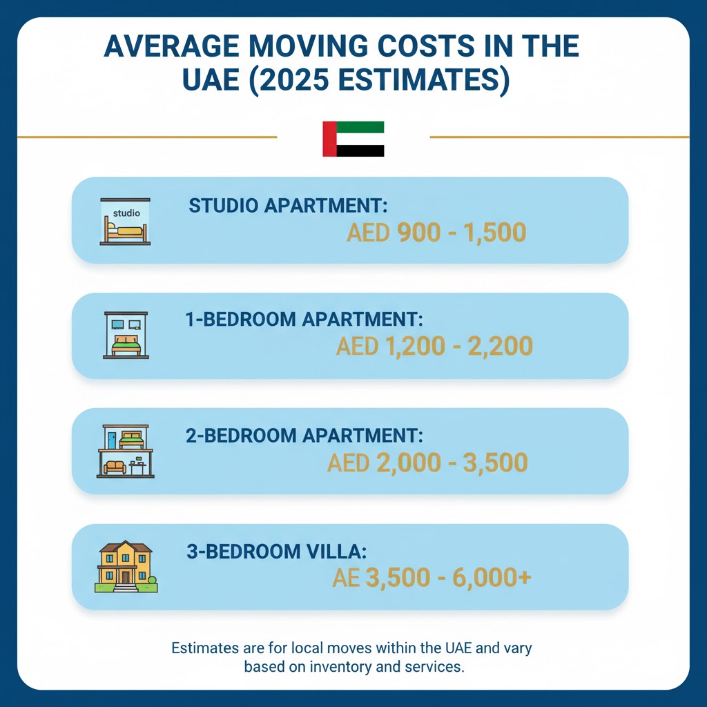 Average moving costs in the UAE for 2025, showing price ranges for studio, 1-bed, 2-bed apartments, and 3-bed villas.