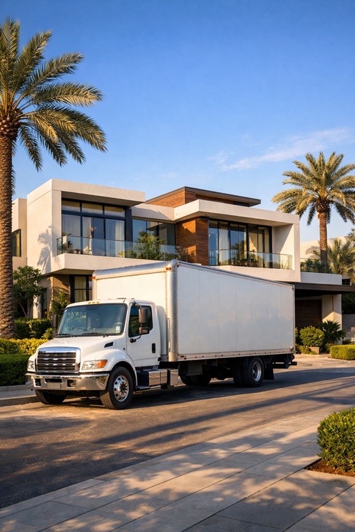 Moving truck parked in front of a Sidra Villa in Dubai Hills