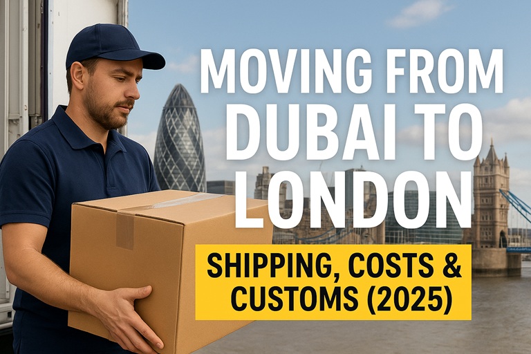 A professional mover packing boxes beside a shipping container, with Dubai’s skyline on one side and London’s skyline—featuring the Tower Bridge and Big Ben—on the other, symbolizing an international relocation from Dubai to London.
