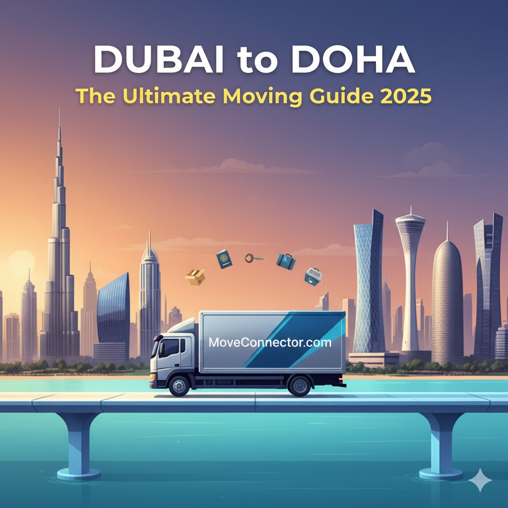 A moving truck with "MoveConnector.com" on its side drives on a bridge, transitioning between the skylines of Dubai (left, with Burj Khalifa) and Doha (right, with West Bay towers). Above the truck are floating icons representing moving boxes, a passport, keys, and a briefcase, symbolizing relocation. Text overlay reads "DUBAI to DOHA: The Ultimate Moving Guide 2025