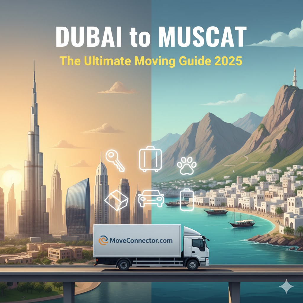 A moving truck with "MoveConnector.com" on its side drives on a road that visually splits a scene between the vibrant skyline of Dubai (left, featuring the Burj Khalifa) and the serene, mountainous coastal city of Muscat (right, with white buildings by the sea and traditional boats). Floating icons above the truck represent moving-related items like keys, luggage, boxes, a car, and a pet paw print
