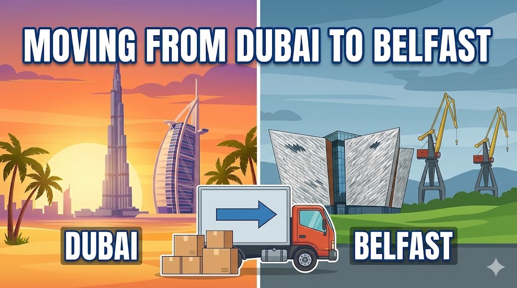 A collage showing the Dubai skyline on one side and a classic Belfast street scene on the other, with a moving truck in between.