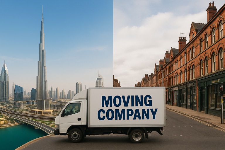 A collage showing the Dubai skyline on one side and a classic Manchester street scene on the other, with a moving truck in between.
