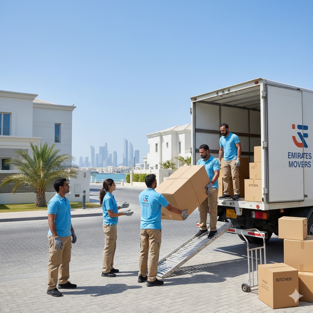A team of professional local movers carefully loading packed boxes into a moving truck.