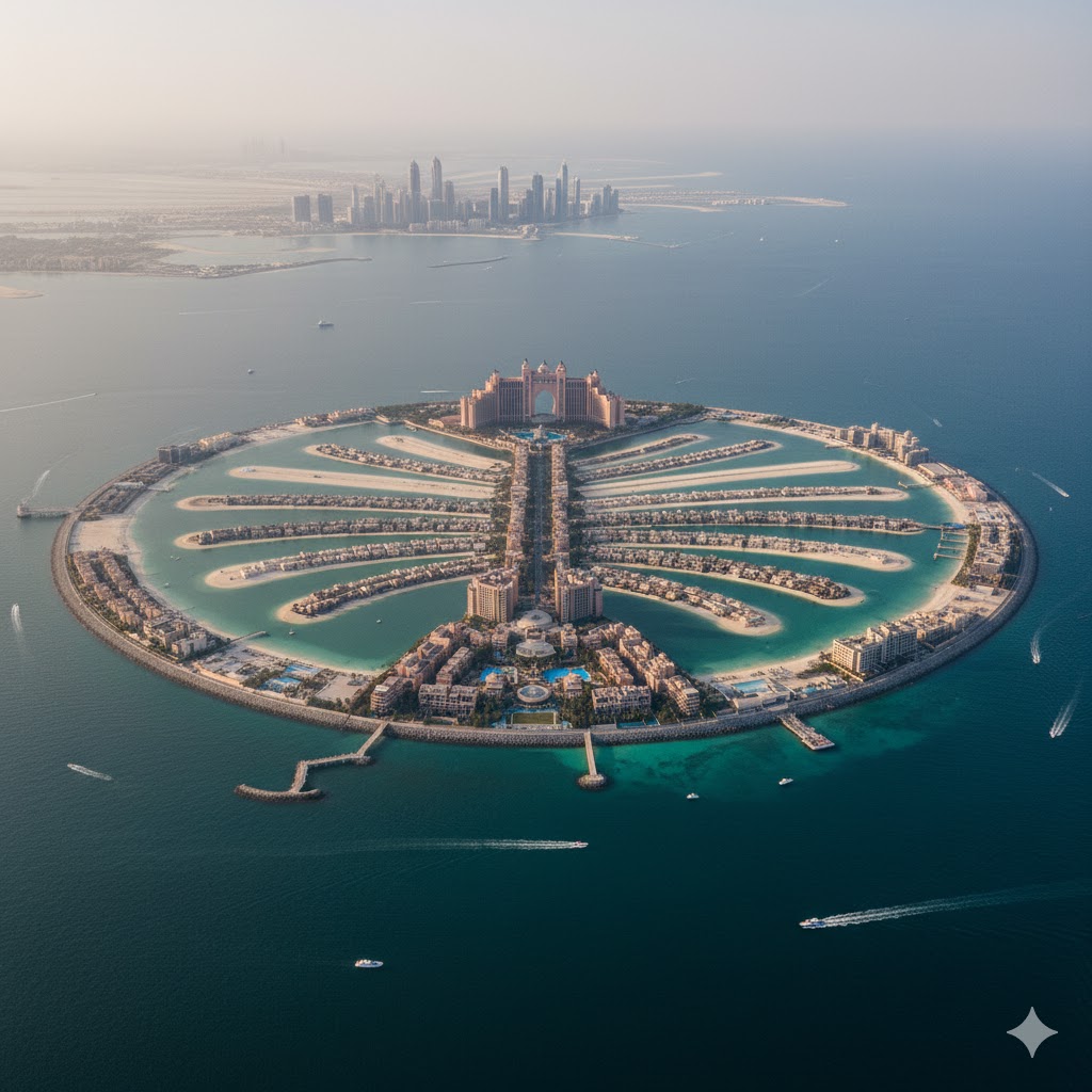 An aerial view of the iconic Palm Jumeirah in Dubai.