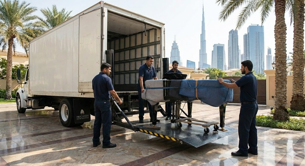 Professional piano movers using a hydraulic lift to safely load a grand piano into a climate-controlled truck.