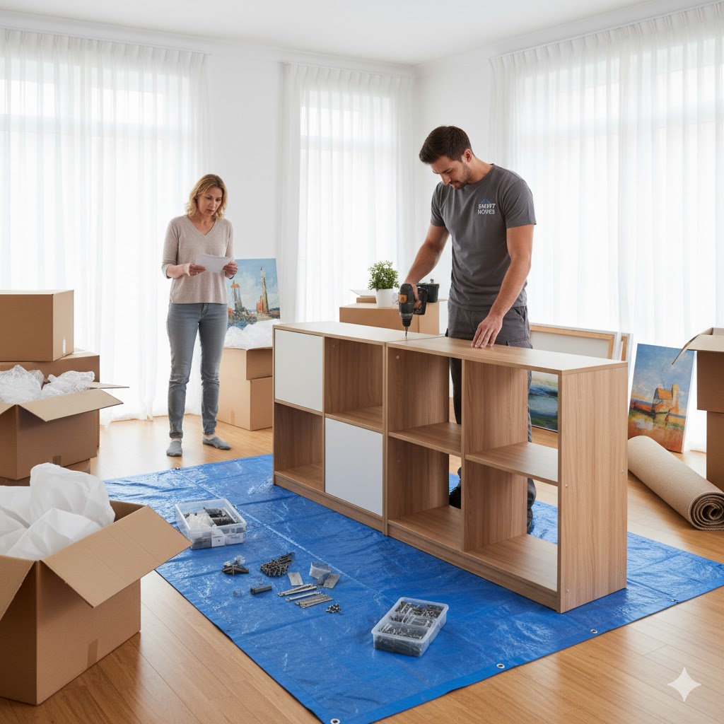 A professional mover expertly assembling a complex piece of flat-pack furniture in a new home.