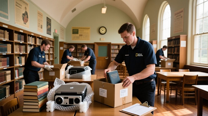 A MoveConnector specialist securing a microscope in a vibration-proof crate.