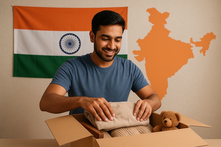 A person packing a box with personal items, with an Indian flag and a map of India in the background, symbolizing sending items home.