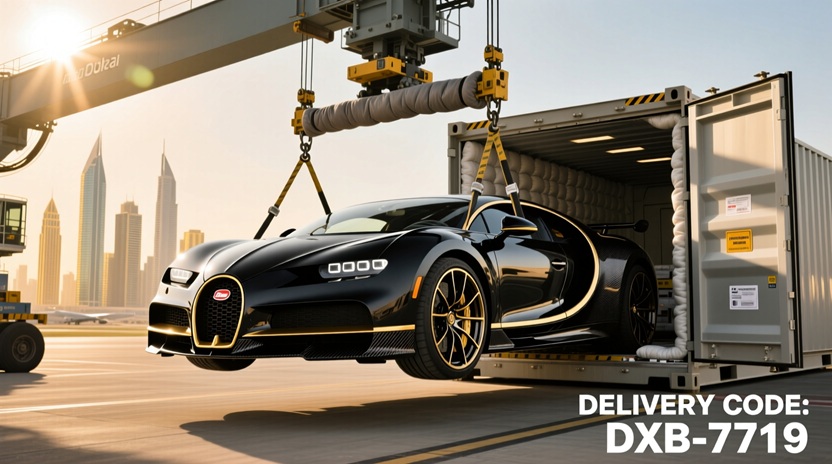 A Bugatti hypercar being carefully loaded into an enclosed air freight container at Dubai airport.
