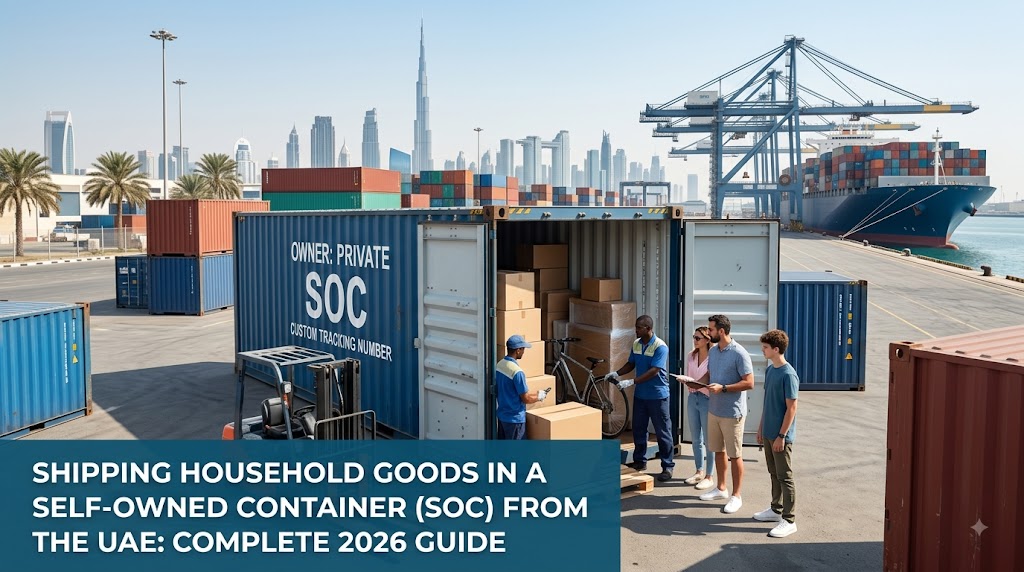 Self-owned shipping container prepared for an international household goods move from the UAE.