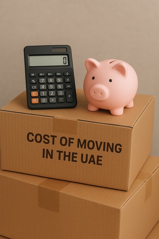A calculator and piggy bank sitting on top of moving boxes, symbolizing the cost of moving in the UAE.