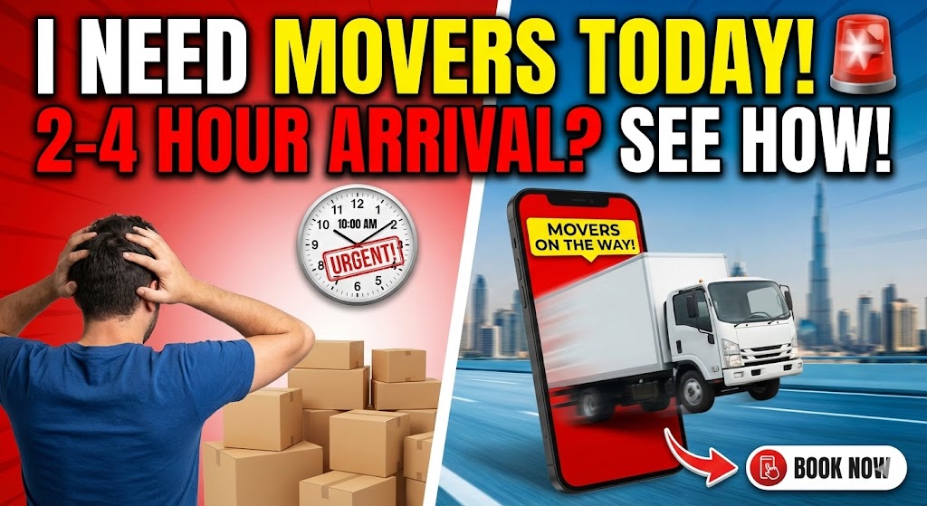 A moving truck driving quickly through a Dubai street, symbolizing an urgent, same-day moving service.