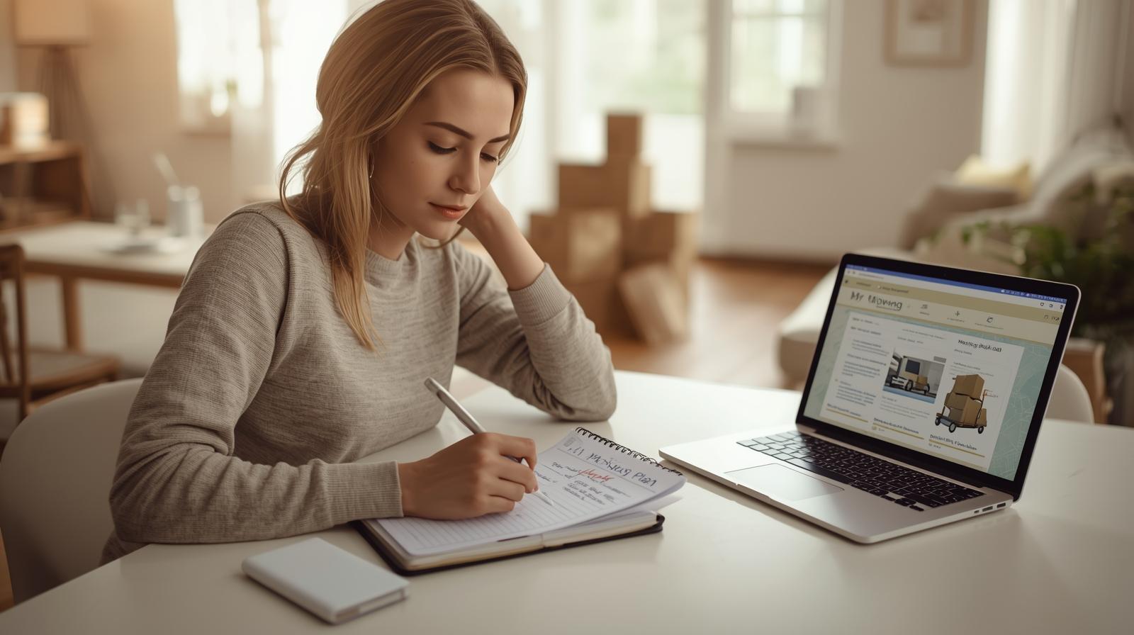 Person writing notes in a planner for moving