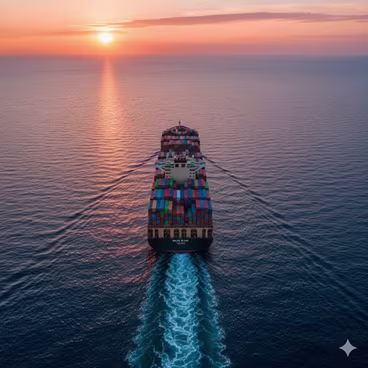 International Moving Service An aerial view of a large container ship on the ocean, representing international relocation.
