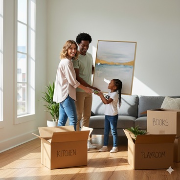 Domestic Moving Service A happy family hangs a picture in their new home, with moving boxes nearby, representing domestic moving.