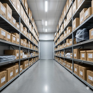 Packing and Storage Service A clean, well-organized storage facility aisle with neatly stacked boxes, representing packing and storage solutions.